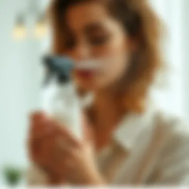 Person using an automatic spray bottle for hair styling