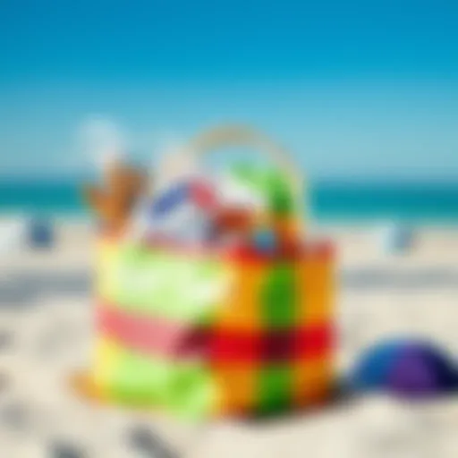 Colorful beach bag filled with party favors