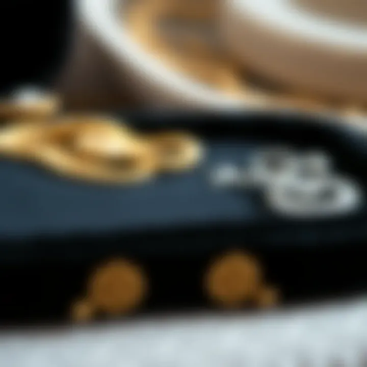 Close-up of intricate design elements on a black velvet jewelry tray, highlighting its craftsmanship.
