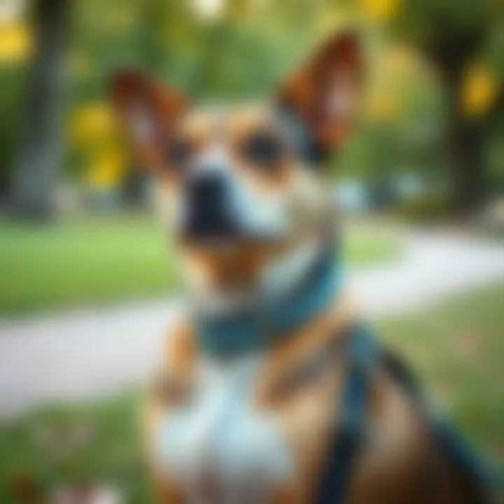 Trendsetter at the Park: Dog Fashion Trendy dog wearing a blue rhinestone collar at a park