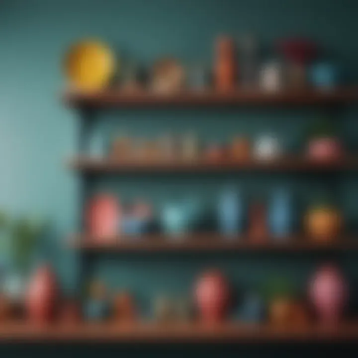 Colorful display of decorative items on a shelf