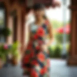 Elegant cinched waist summer dress in a vibrant floral pattern