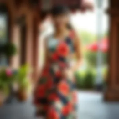 Elegant cinched waist summer dress in a vibrant floral pattern