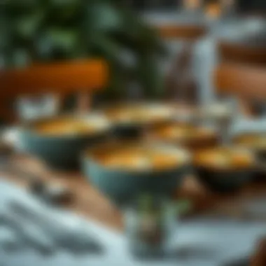 An arrangement of compostable soup bowls on a dining table with natural elements