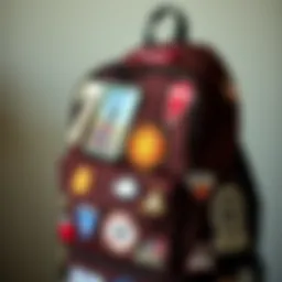 Stylish backpack adorned with various adhesive patches showcasing personal flair