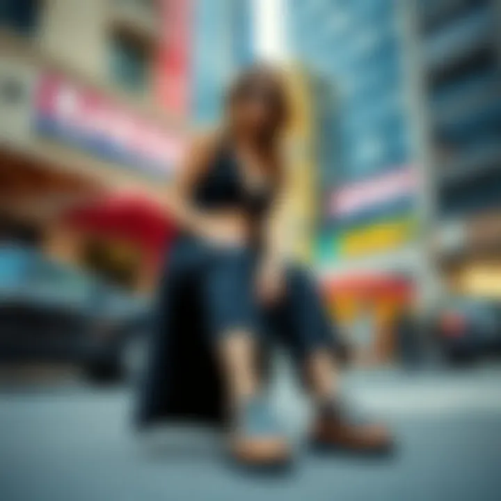 A modern outfit styled with retro-inspired Y2K sandals in a vibrant urban setting.