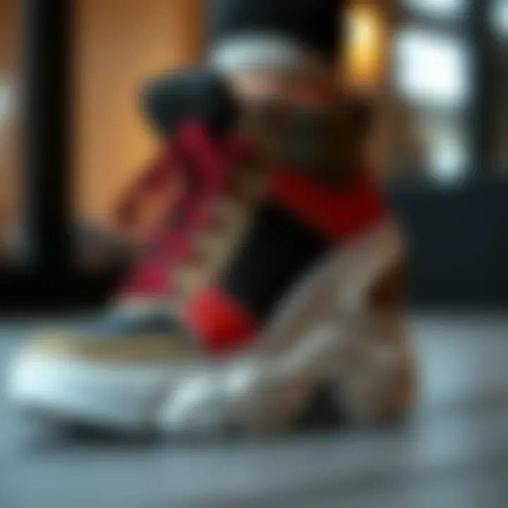 Close-up of the intricate design details of a chunky wedge sneaker.