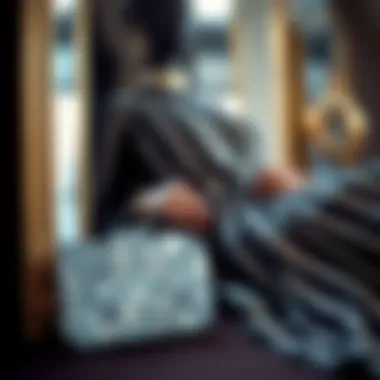 A glamorous evening outfit complemented by a stunning crystal evening bag resting beside it.