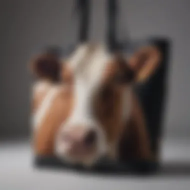 Close-up of iron-on cow print fabric on a trendy tote bag