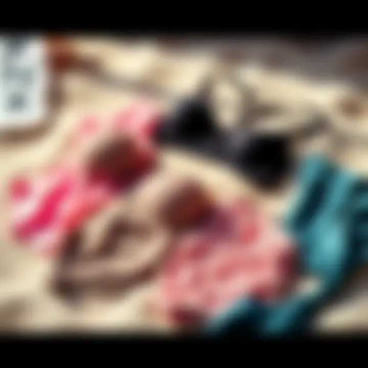 Eco-friendly swimwear materials arranged on a sandy surface