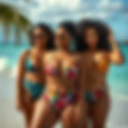 Curvy swimwear showcasing vibrant patterns on a beach background