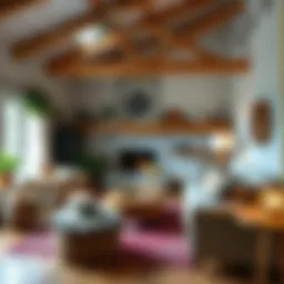 Cozy bohemian farmhouse living room with eclectic decor