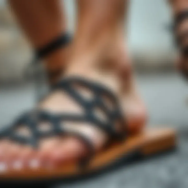 Detailed View of Sandal Straps Close-up of the straps of a black sandal with intricate design