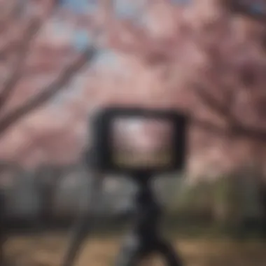 A beautifully arranged photography setup featuring cherry blossoms