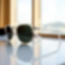 Stylish clear frame mirrored sunglasses on a reflective surface