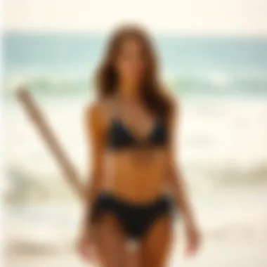 Chic High-Waisted Swimsuit Fashion A model showcasing a chic high-waisted swimsuit at the beach