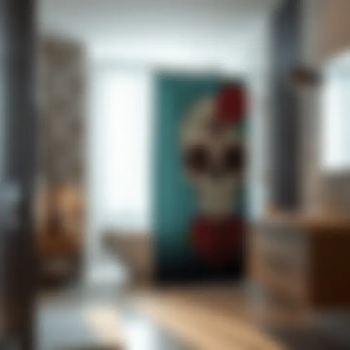 Elegant bathroom interior showcasing a Day of the Dead shower curtain in a modern setting