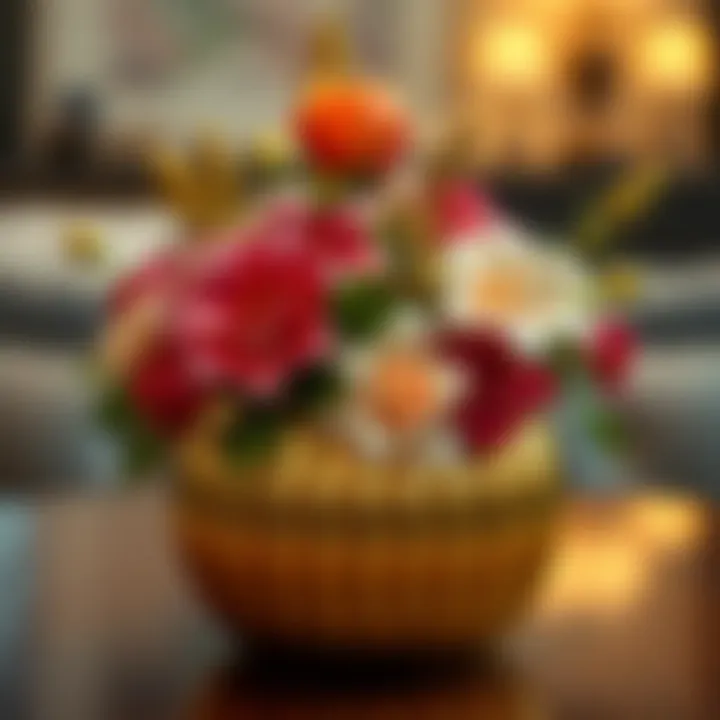 Elegant gold floral container with vibrant flowers