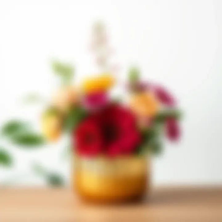 Stylish arrangement of flowers in a gold plastic container