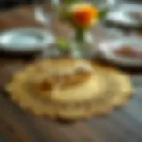 Elegant gold paper doily placemat on a rustic wooden table