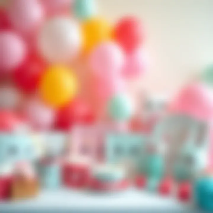 A collection of cute and whimsical party supplies including balloons and tableware