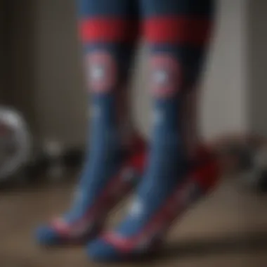 A close-up of the intricate designs on a pair of Captain America socks.