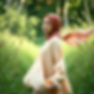 Model wearing a flowing modest gown in a natural setting