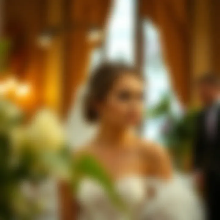 Stylish bride accessorizing her off shoulder ball gown