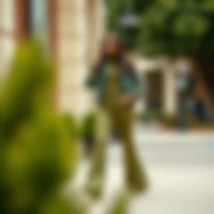 Fashion-forward outfit featuring olive green flare pants paired with accessories