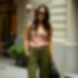 Elegant styling of olive green flare pants with a chic top