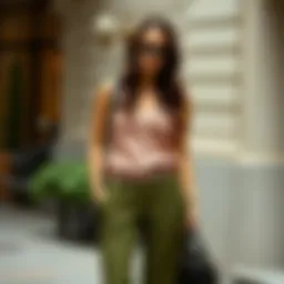 Elegant styling of olive green flare pants with a chic top