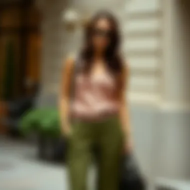 Elegant styling of olive green flare pants with a chic top