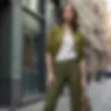 Stylish olive green straight leg pants paired with a chic top