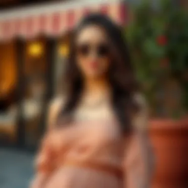 Curated Outfit with Open Shoulder Dress A curated outfit featuring an open shoulder maternity dress styled with accessories.