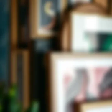 Close-up of framed art pieces showcasing diverse textures and colors