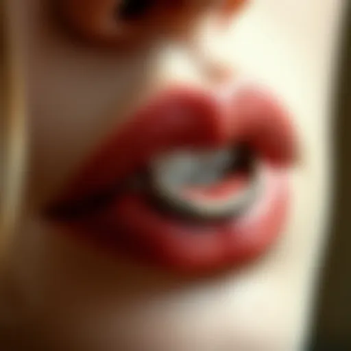 Close-Up of Snakebite Lip Ring A stylish close-up of a snakebite lip ring showcasing its unique design and shine.