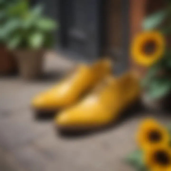 A stylish arrangement of various sunflower dude shoe styles on a vibrant urban backdrop