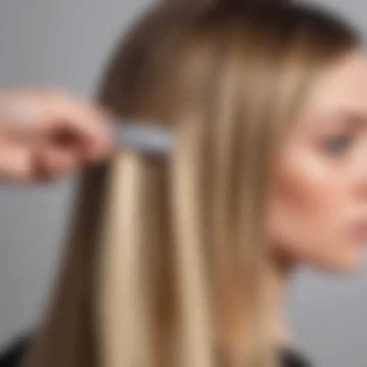 Close-up of a professional applying tape in hair extensions, demonstrating precise techniques.