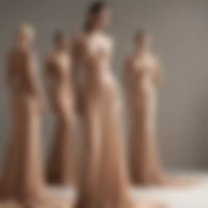 A stunning collection of elegant nude dresses on display