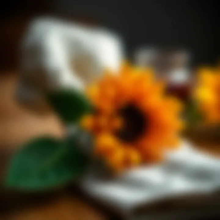 Close-up of a handcrafted sunflower napkin ring showcasing intricate details