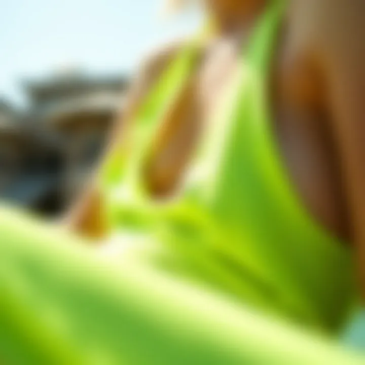 Close-up of eco-friendly fabric used in neon green tankinis emphasizing texture and sustainability
