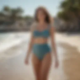 Vintage-inspired high waist swim bottoms on a sunlit beach