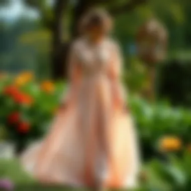 Elegant flowy dress displayed in a garden setting