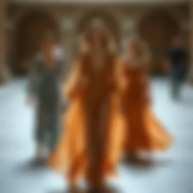 Historical evolution of flowy dresses showcased in a timeline