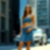 Stylish two-piece jean skirt set showcased in an urban setting