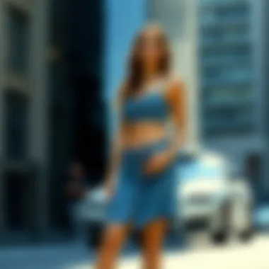 Urban Chic: The Two-Piece Jean Skirt Set Stylish two-piece jean skirt set showcased in an urban setting