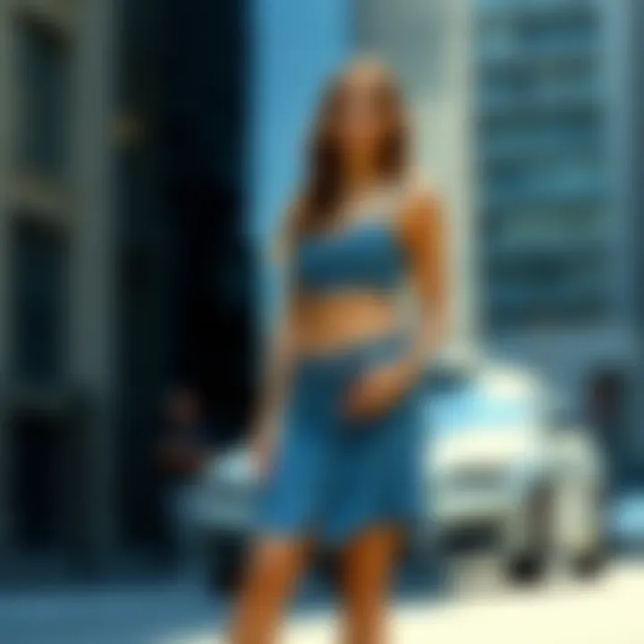 Urban Chic: The Two-Piece Jean Skirt Set Stylish two-piece jean skirt set showcased in an urban setting