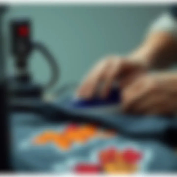 A close-up view of an iron-on decal being applied to a clothing item with a heat press