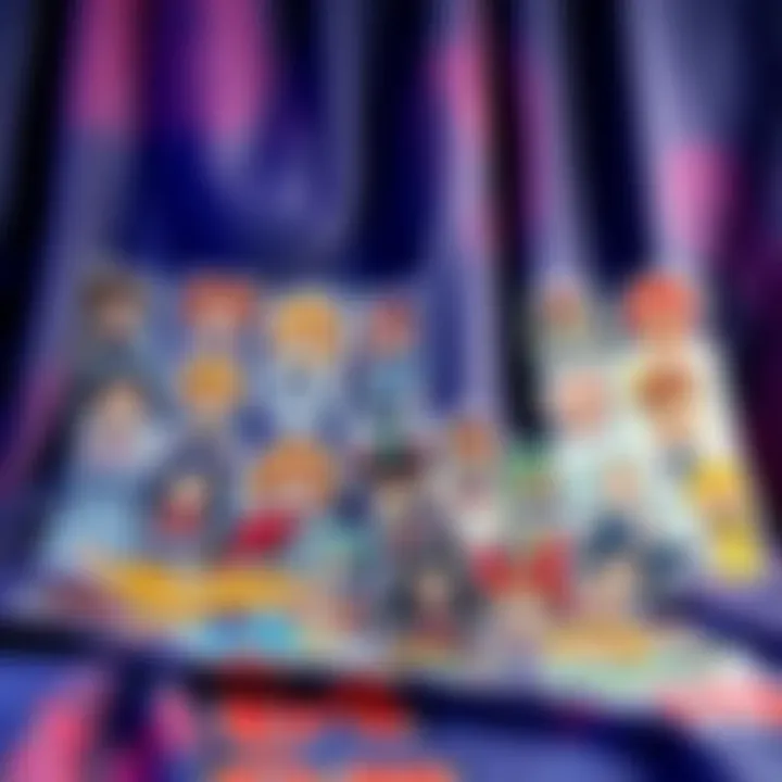 A vibrant collection of anime decals displayed artistically on a stylish fabric backdrop