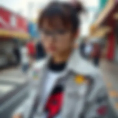 A fashionable outfit adorned with creatively placed anime decals, showcasing personal style